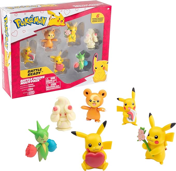 Pokémon Battle Figure Pack Toy Set, 6 Piezas - Collectible Love Edition - 3 Pikachu, Teddiursa, Alcremie & Roselia