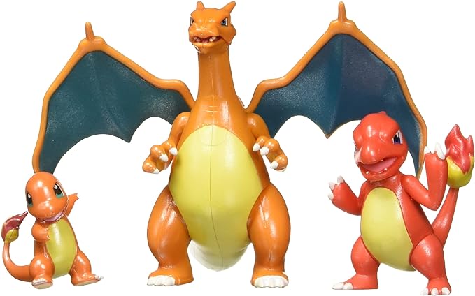 Paquete de 3 figuras de batalla de Charmander de 5 cm, Charmeleon de 7.5 cm y Charizard de 11 cm